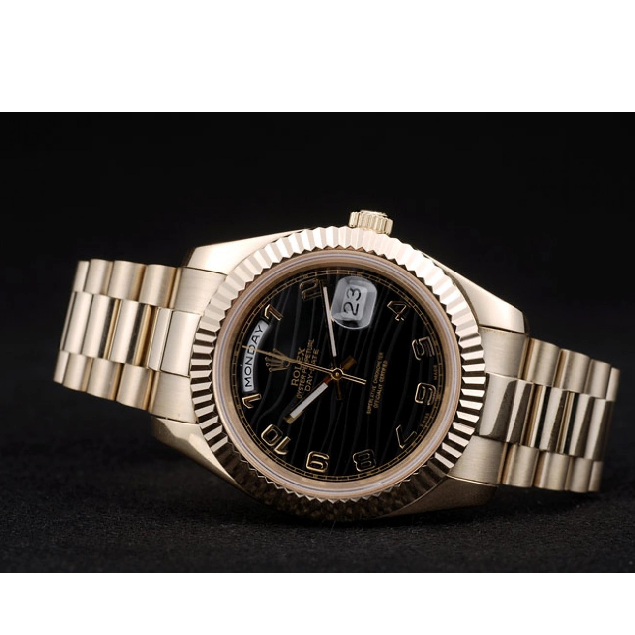 Aaa replica watch Steel Bezel Gold Swiss DayDate Stainless Dial Ribbed Rolex Black 41998 0726
